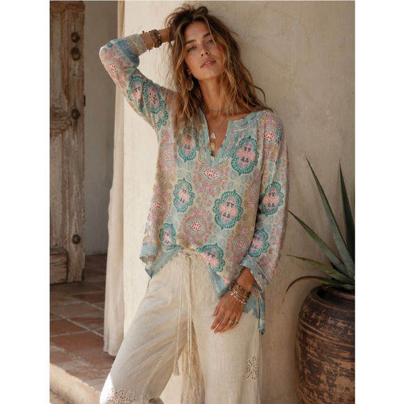 Talbots Tops - Talbots Paisley Tunic Top Womens XL Pastel Pima Cotton Modal 3/4 Sleeve Coastal